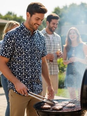 St. Johns Bay Comfort Stretch Men’s Navy SS Button-Down Shirt Beer Burger Print